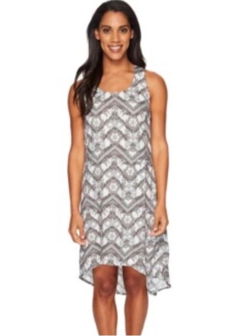 Kavu Jocelyn Tank Dress Coastal Outdoor Boho Gray White Ikat Print Racerback SzL